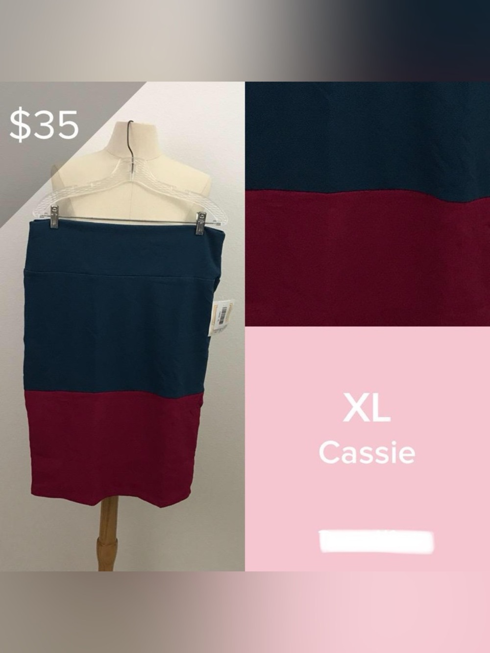 LuLaRoe Cassie XL Dark Teal and Burgundy Colorblock Pencil Skirt